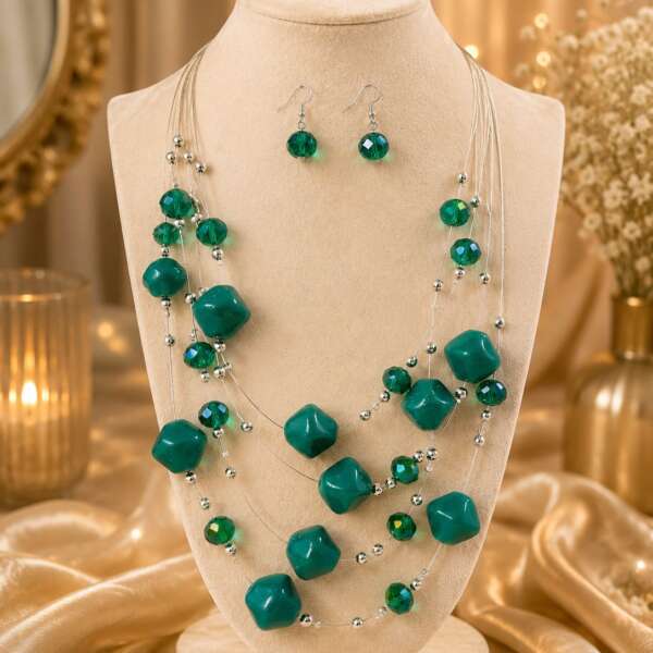 Emerald Cascade Multi-Layer Necklace Set