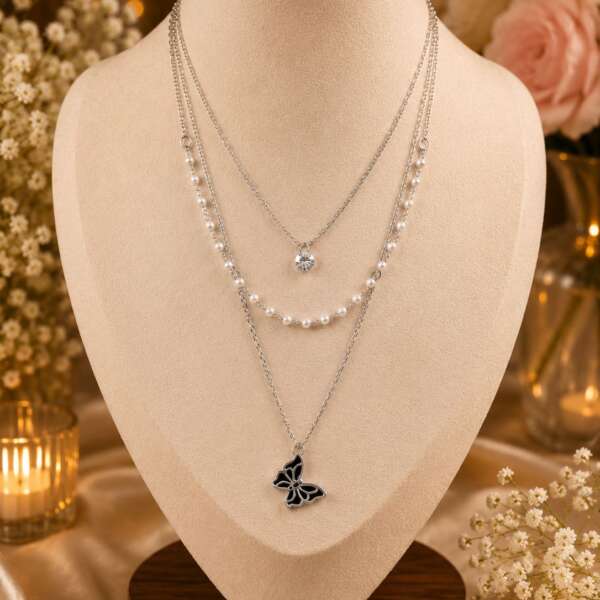 Layered Butterfly Pearl Necklace