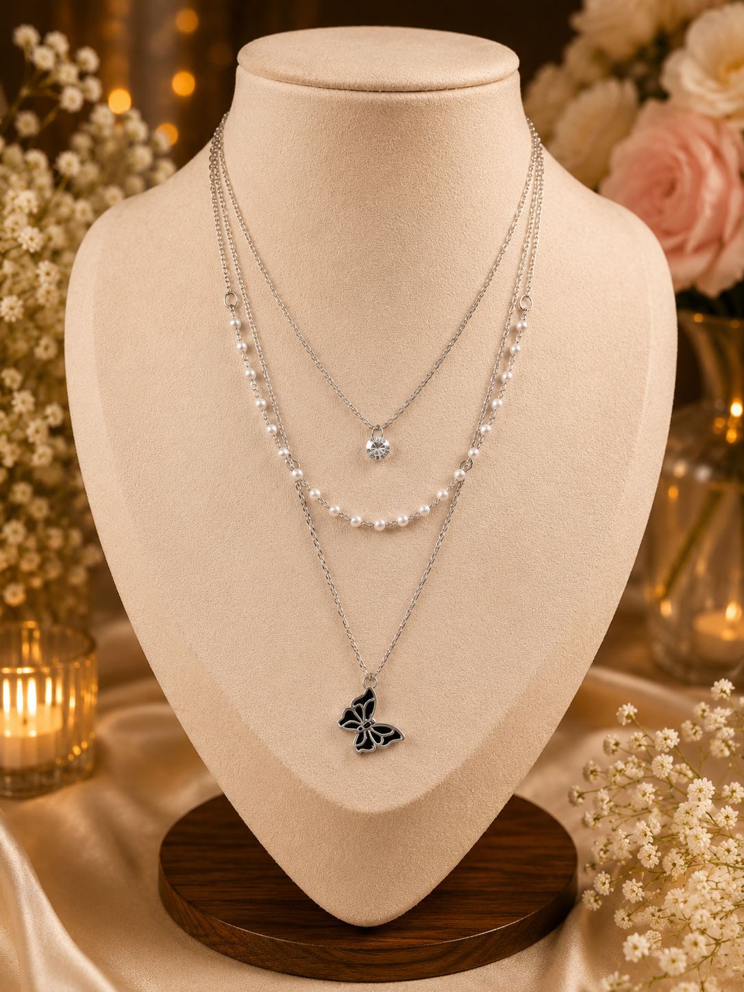 Layered Butterfly Pearl Necklace