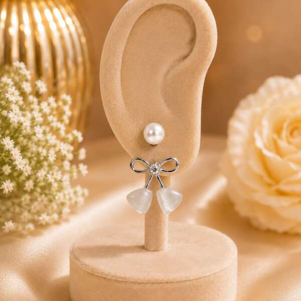 Pearl bow charm earrings