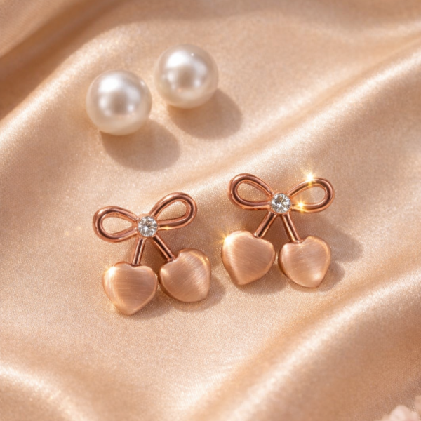 Rose‑gold heart bow earrings